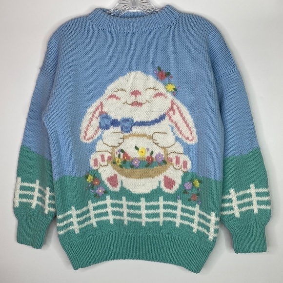 Vintage Sweaters - Vintage Easter Bunny Blue Knit Cottagecore Sweater Size Small